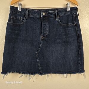 Old Navy High-Rise Denim Skirt 14 Button Fly Secret-Slim Pockets Raw Hem Stretch